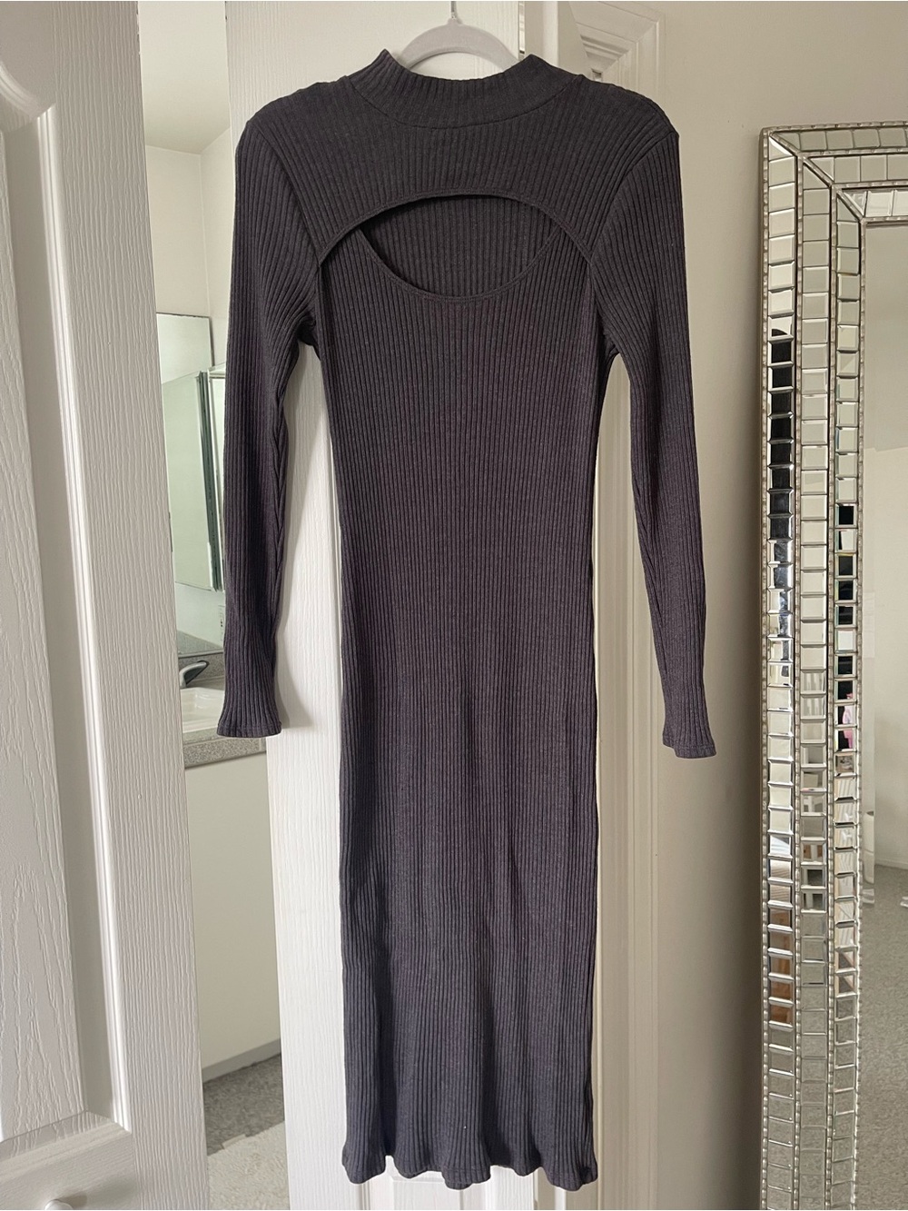 T.La Charcoal Ribbed Long Sleeve Cutout Midi Dress